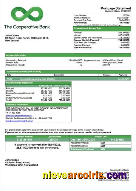 New Zealand Co-operative Bank mortgage statement Word and PDF template